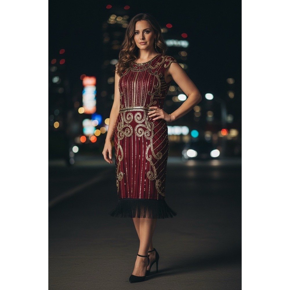 1920s Vintage Inspired Sequin Embellished Fringe Long Gatsby Flapper Dress Small